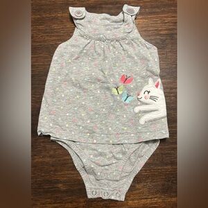 Gray Baby Romper with Cat and Butterfly Design